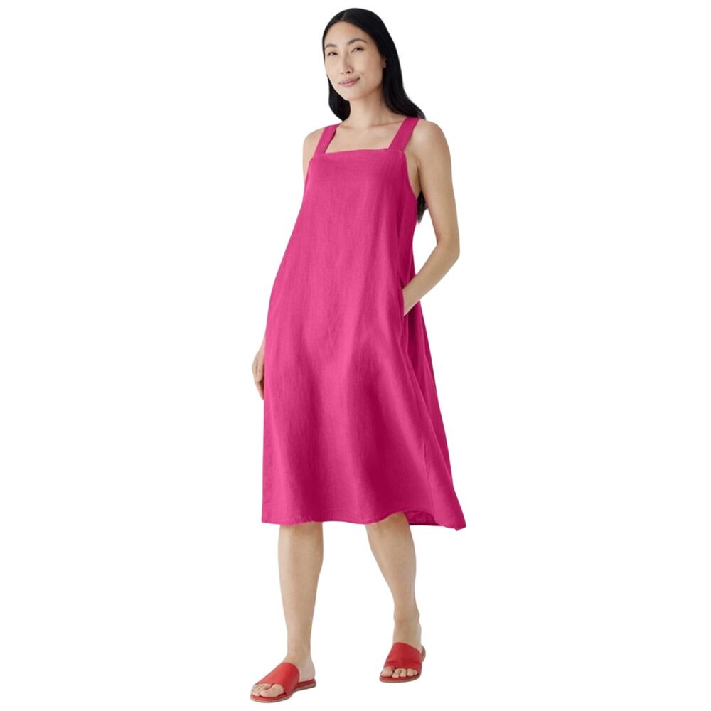 Eileen Fisher Organic Linen Square Neck Dress in Pink Geranium XS